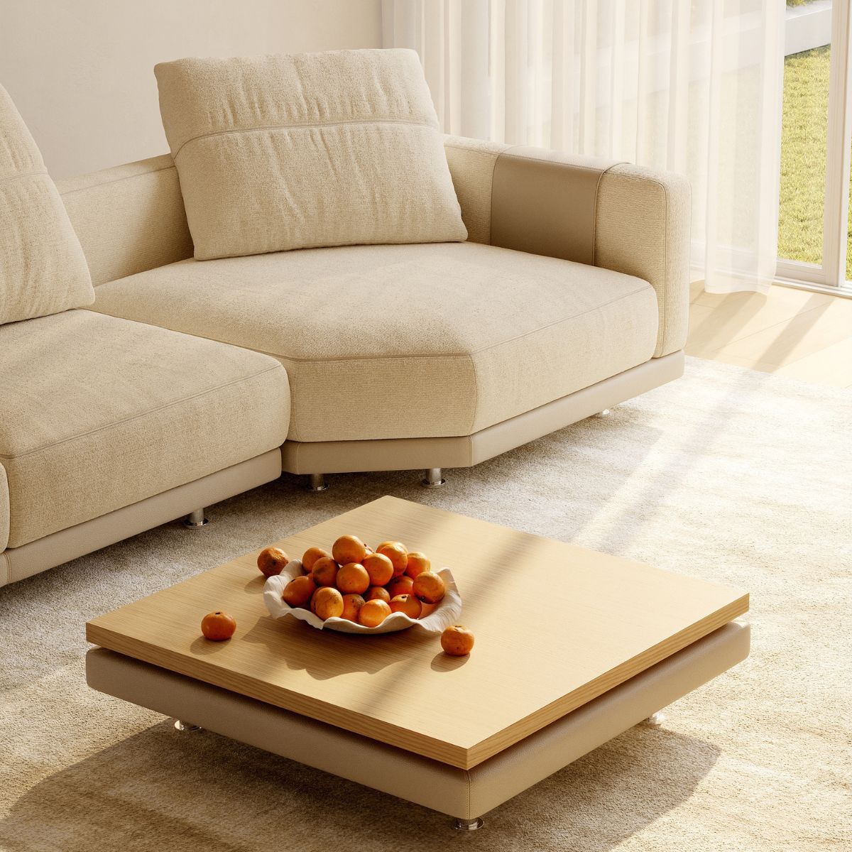 danish interior design (9) Cosy living room with a beige sectional sofa, sunlit through sheer curtains. A wooden coffee table holds a plate of tangerines, conveying warmth and comfort.
