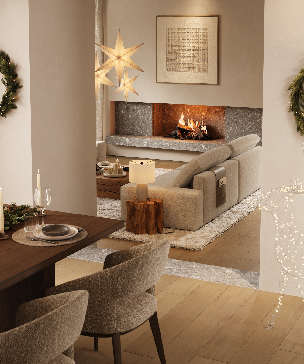 dining and living room christmas themed by domkapa A bright dining room with a stylish table and six matching dining chairs, ready for a christmas meal