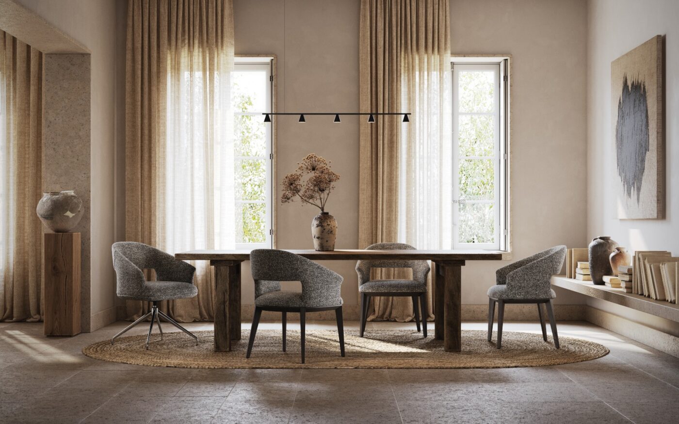 A bright dining room showcasing a sleek table and comfortable chairs, inviting for meals and conversations.