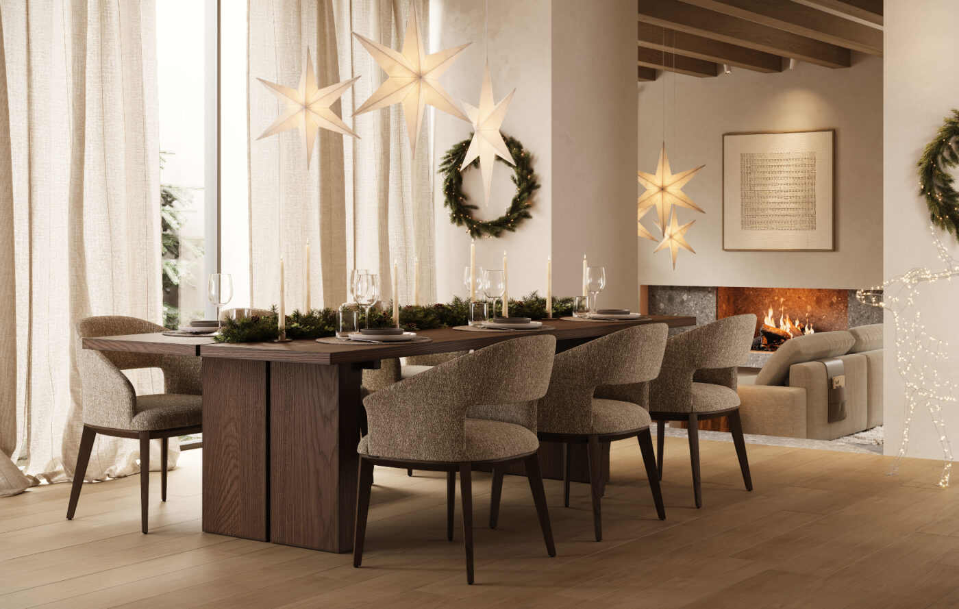 dining room by domkapa and winter trends An elegant dining room showcasing a table set with round dining chairs, perfect for dining and entertaining guests.