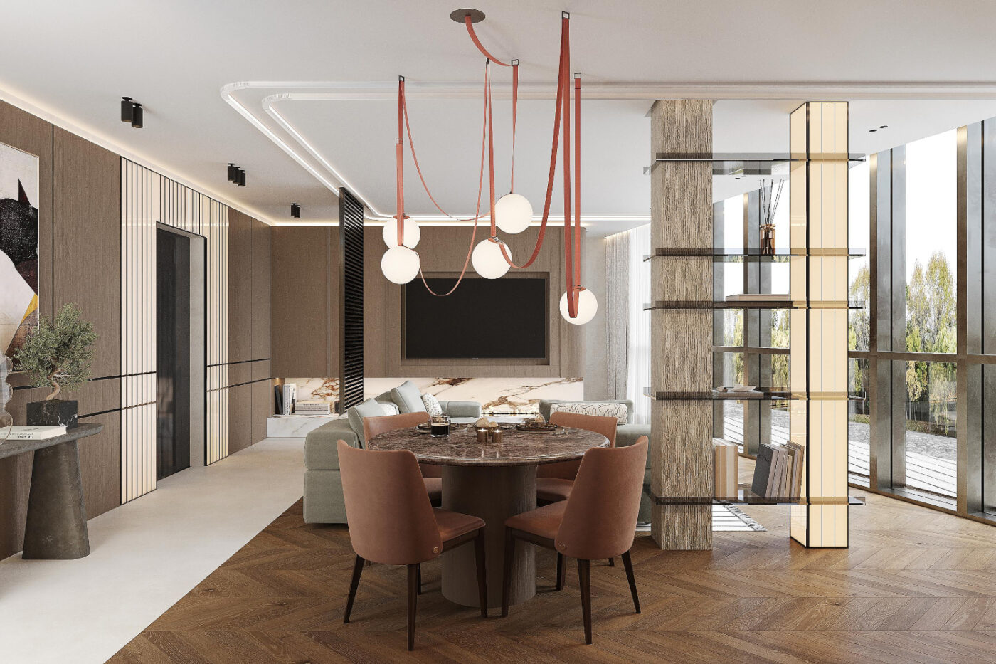 A contemporary living room with a dining table and chairs, highlighting a blend of comfort and modern design elements.
