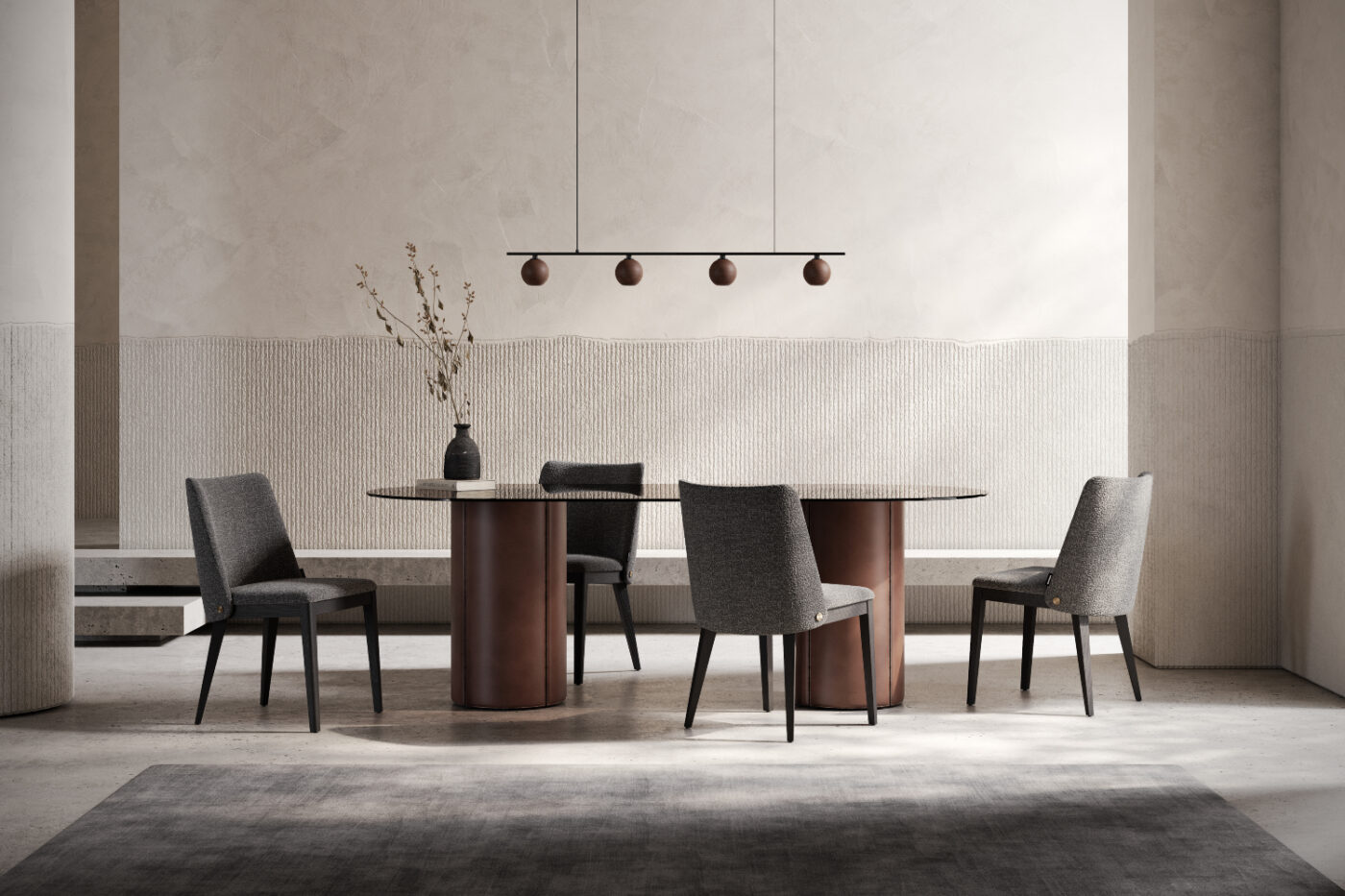A dining table set with dining chairs and a decorative vase in the centre, creating an inviting dining atmosphere. Room by room pairings.