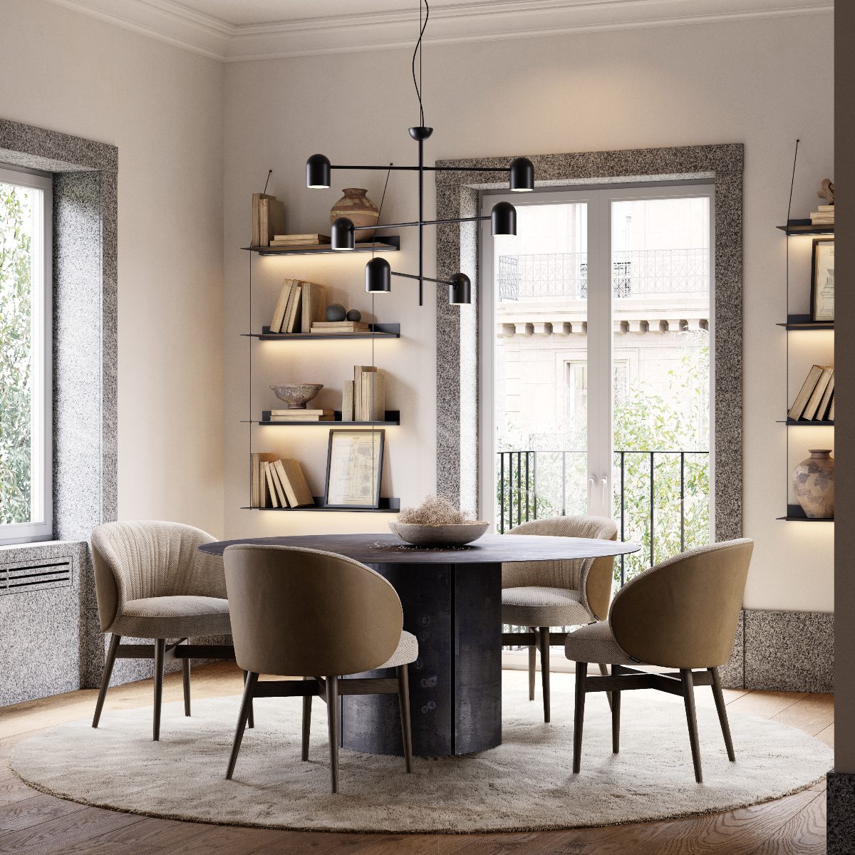dining room set with norah dining chairs Sophisticated dining room with a round table, beige chairs, and a modern black chandelier. Shelves with books flank a sunlit window, creating a cosy ambience.