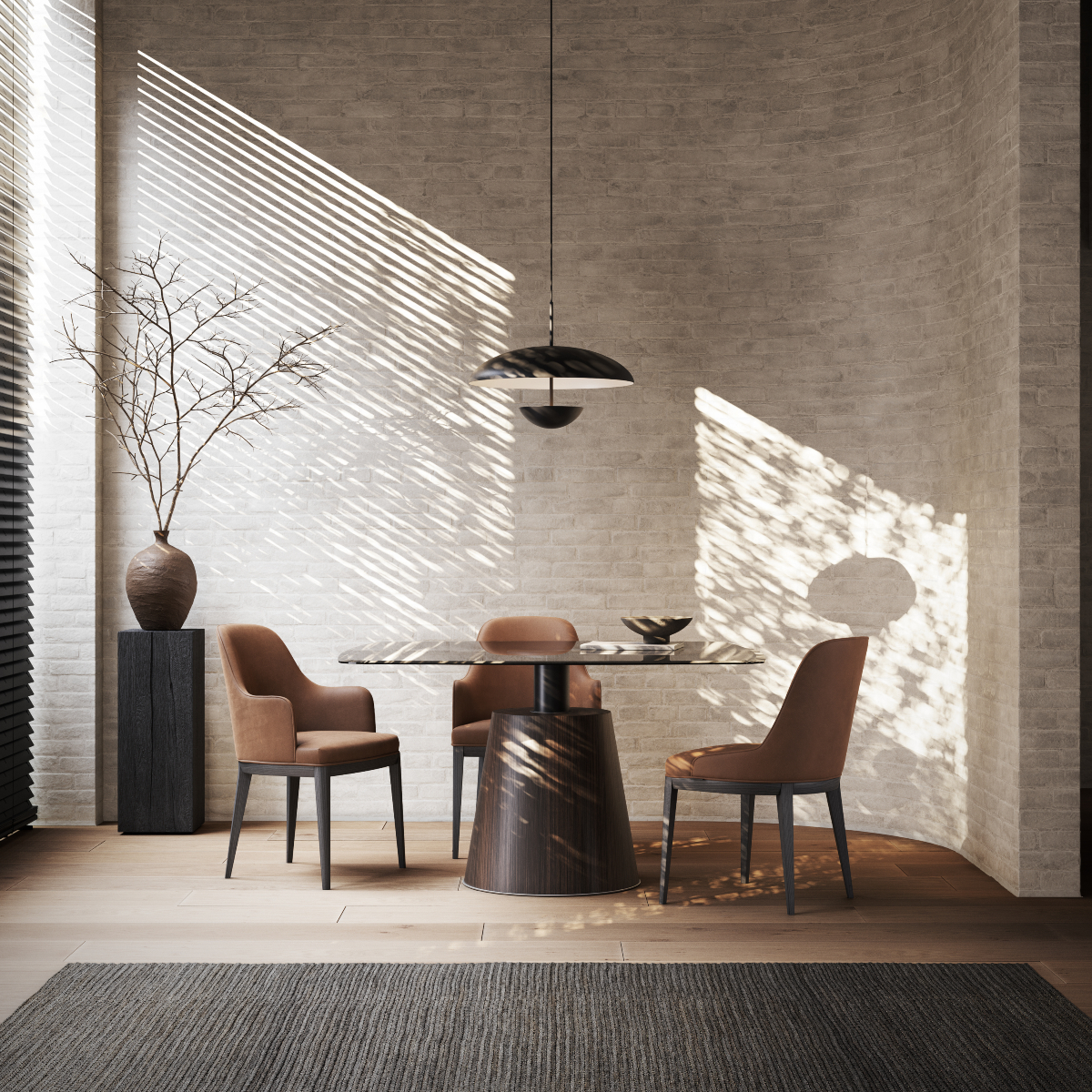 Stylish modern dining area with a dining table in glass and inviting dining chairs, creating a warm atmosphere for dining. With the 70s colour trends on the dining chairs and rug.