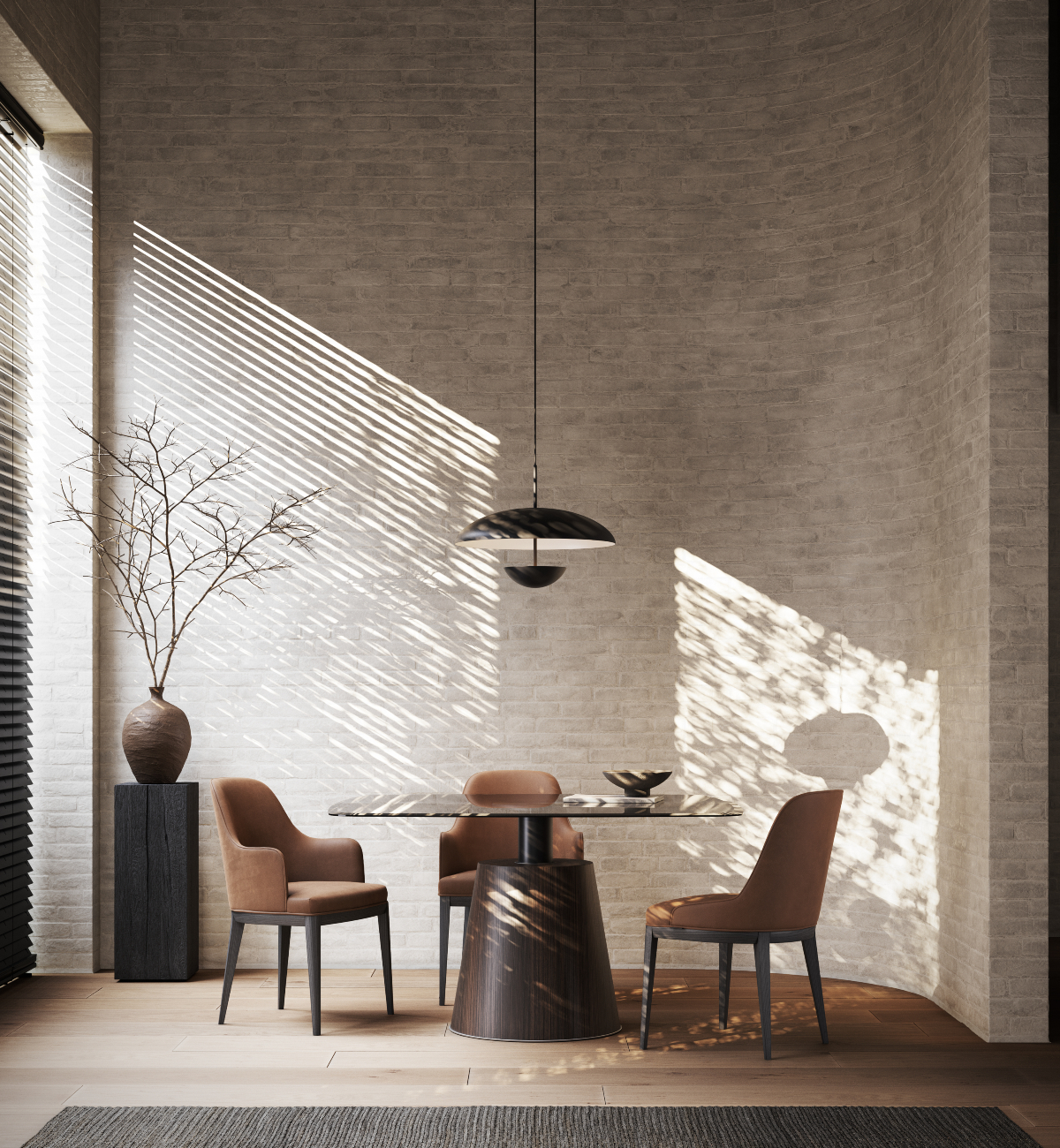 dining room with anna chairs and panton A bright dining room showcasing a stylish table set with four matching chairs. Negative space