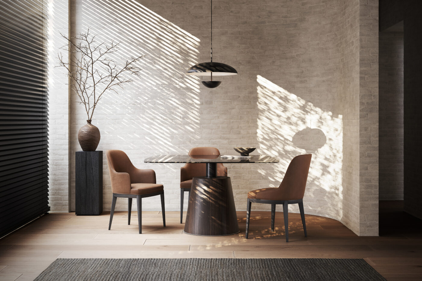 A cosy dining room showcasing a rectangular table with three dining chairs, elegantly set for a meal.