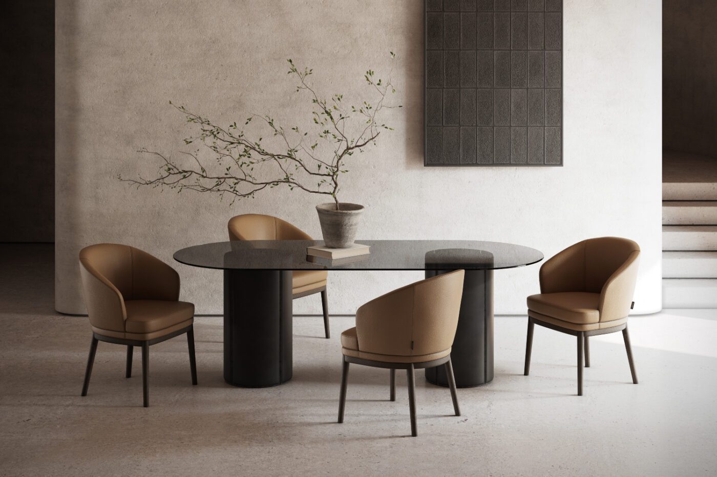A minimalist dining table accompanied by four elegant chairs. 2025 dining room trends.