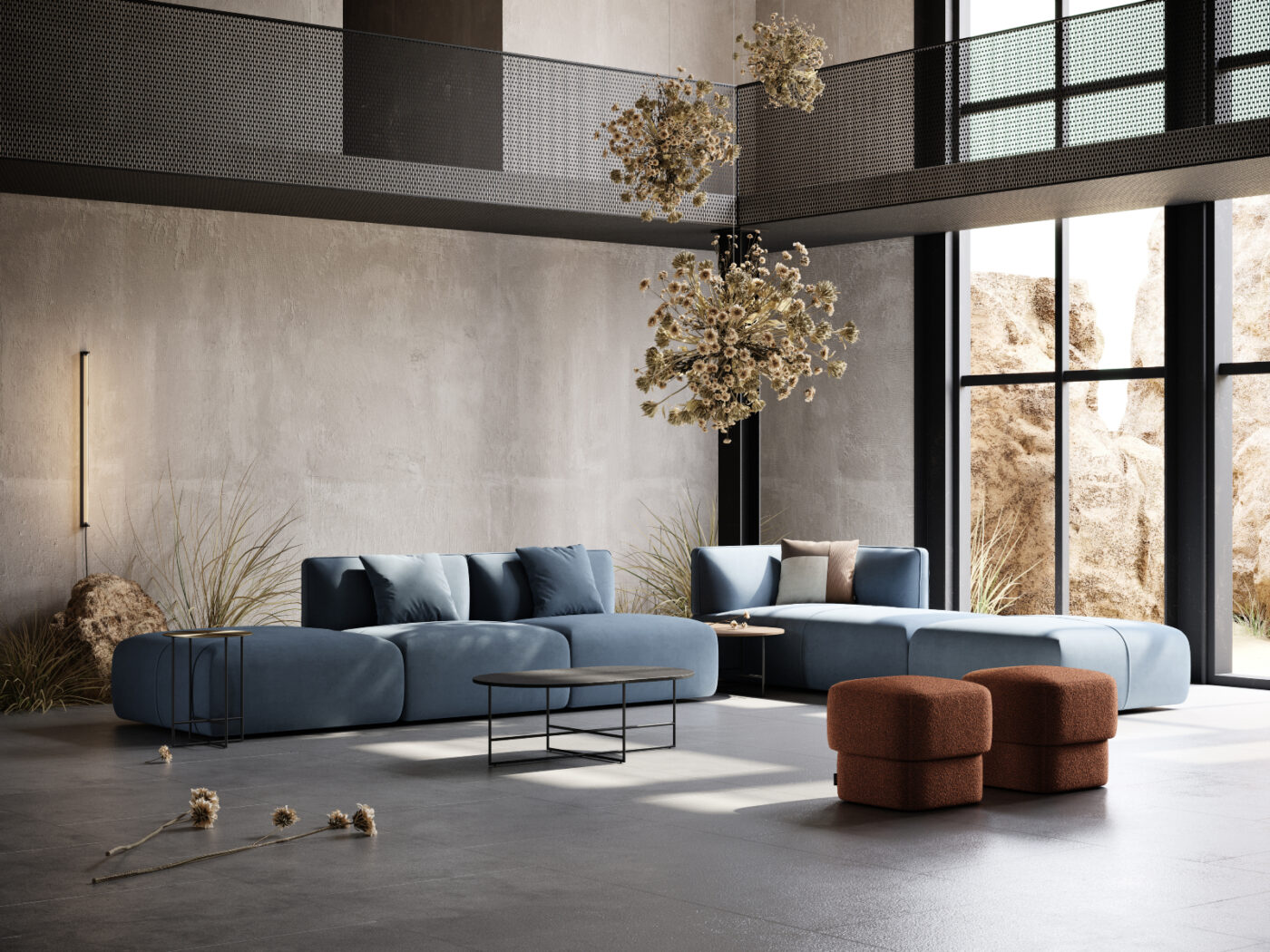 Modern living room with a modular sofa in blue and two poufs in brick tones.