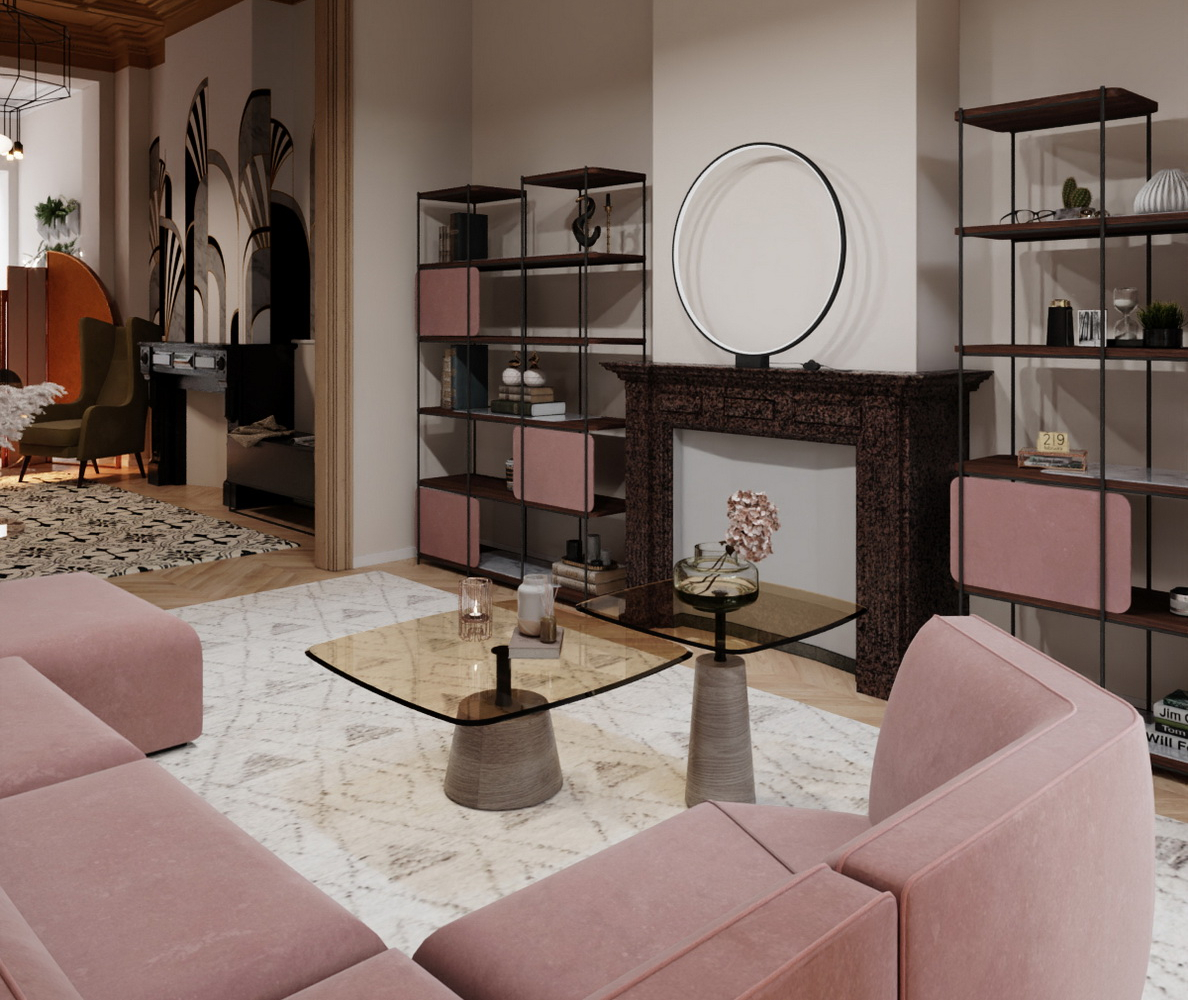 A modern home decor with an inviting living room showcasing pink furniture alongside a fireplace, enhancing the room's comfort and aesthetic.