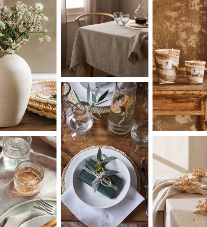 Table setting essentials in earthy tones - Glassware, plates, candles and jars.