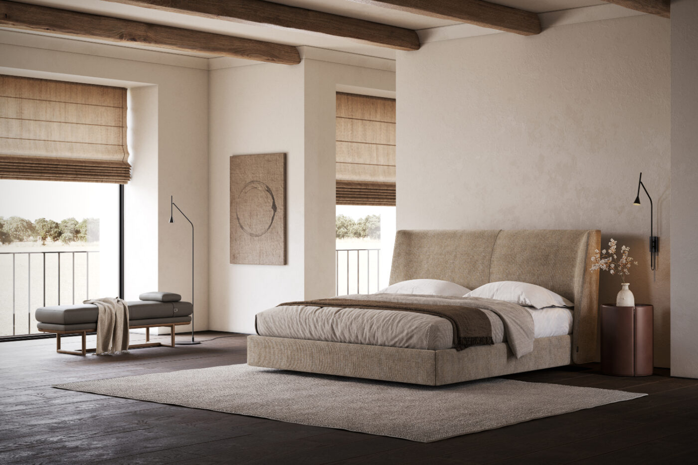 echo bed and henry bench bedroom design A simple feng shui bedroom scene showcasing a bed, a bench, a lamp and a window, creating a warm and inviting atmosphere.