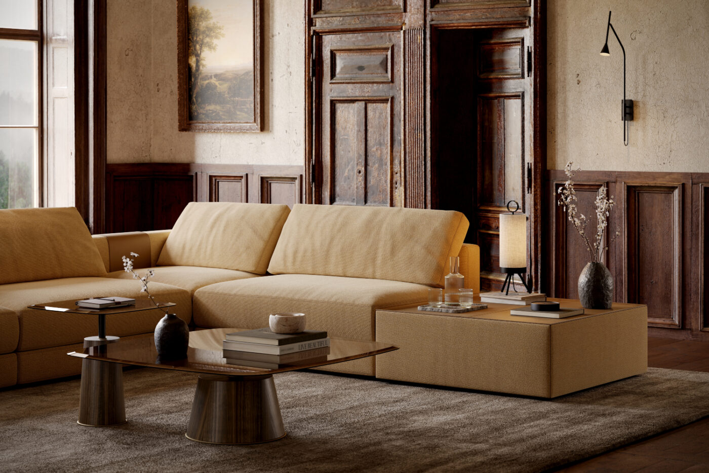 A cosy living room featuring a modular sofa, a coffee table, and a lamp, creating a warm and inviting atmosphere.