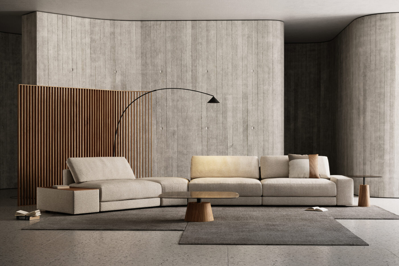 Contemporary living room with a comfortable modular sofa and a minimalist table, designed for relaxation and socialising. Trendy or timeless ?