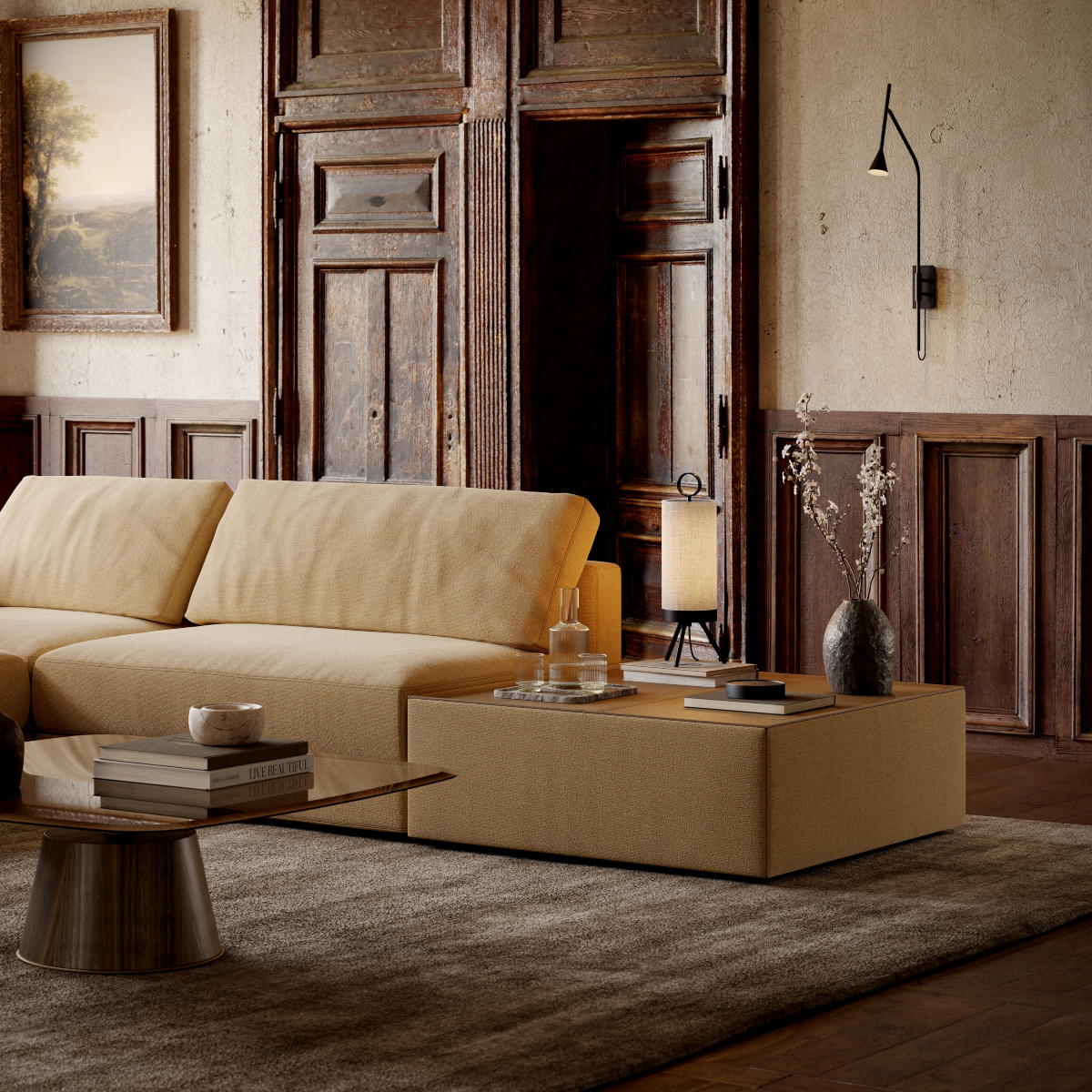 A bright living room with a comfortable modular sofa, a stylish side table and a lamp, perfect for relaxation.