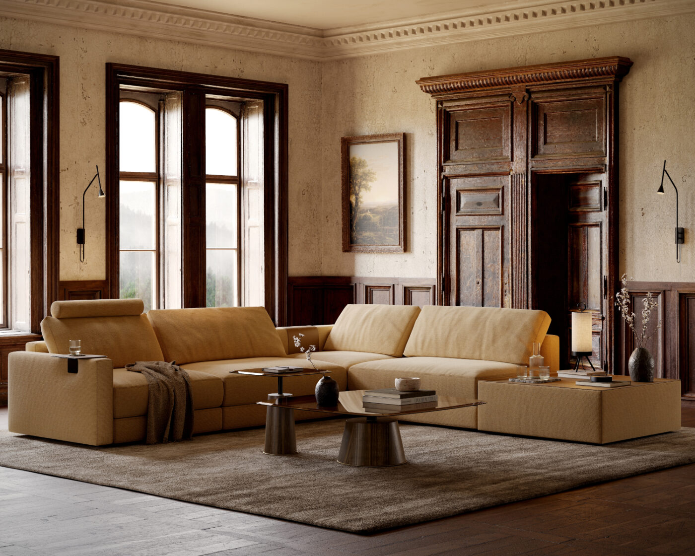 A welcoming living room showcasing a soft modular sofa paired with a chic coffee table.