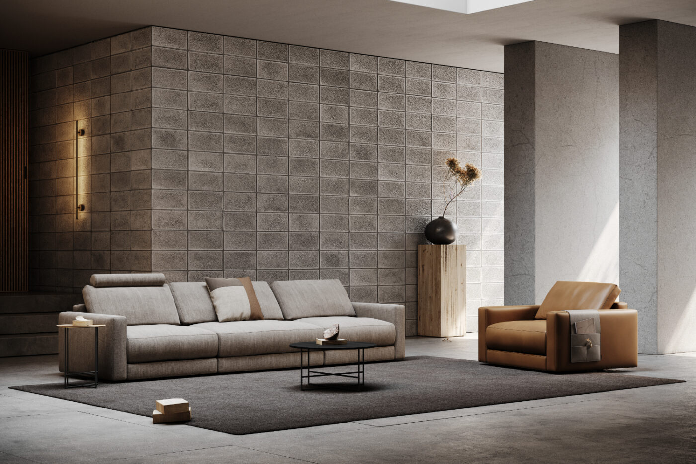 A modern living room featuring a beige modular sofa and an armchair module, with contemporary decor and natural light streaming in.