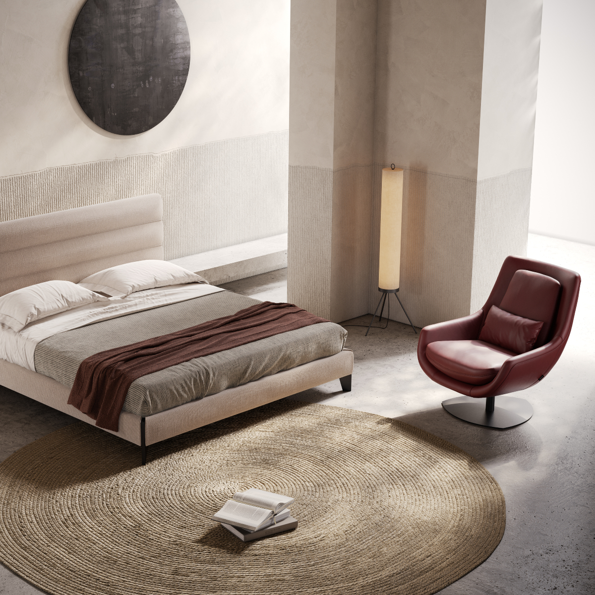 A neatly made bed with a white sheet beside a simple armchair in a well-lit room. The armchair is in the pantone color of the year of 2023.