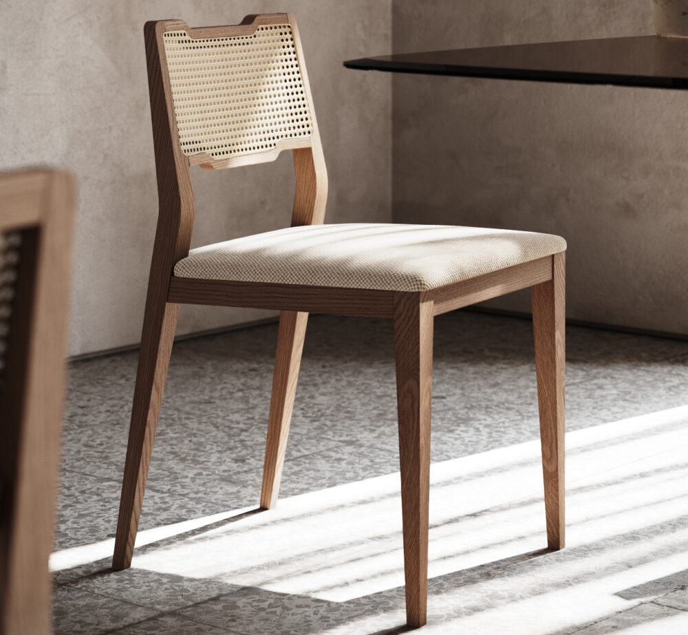 A wooden chair with a sturdy back and seat, reflecting a timeless and functional style.