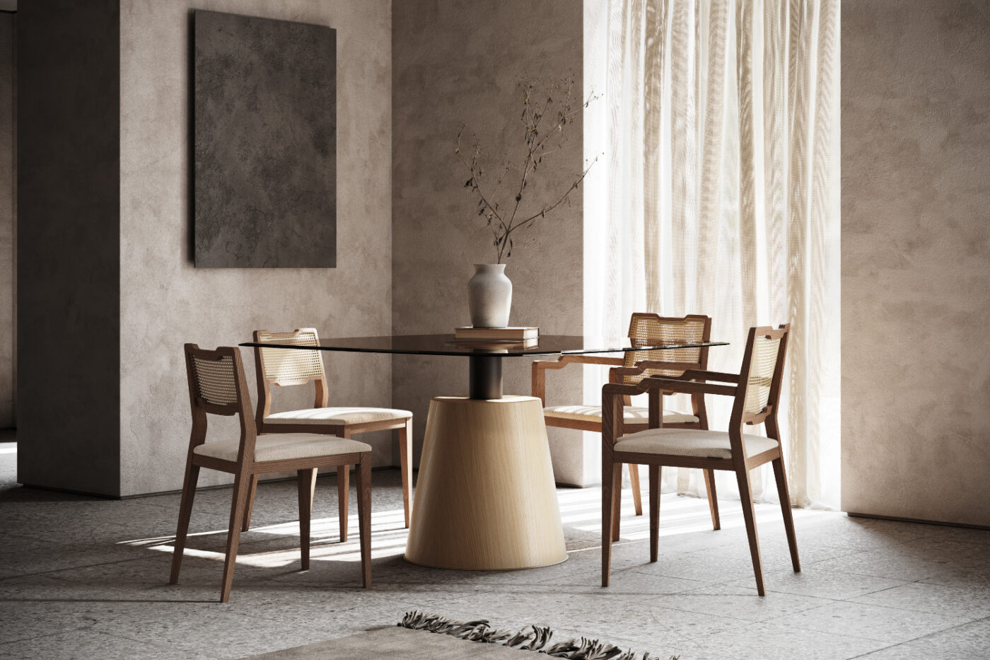 A simple dining table and four chairs arranged in a bright room, emphasising a comfortable dining space. Design around the world - a mediterranean style.