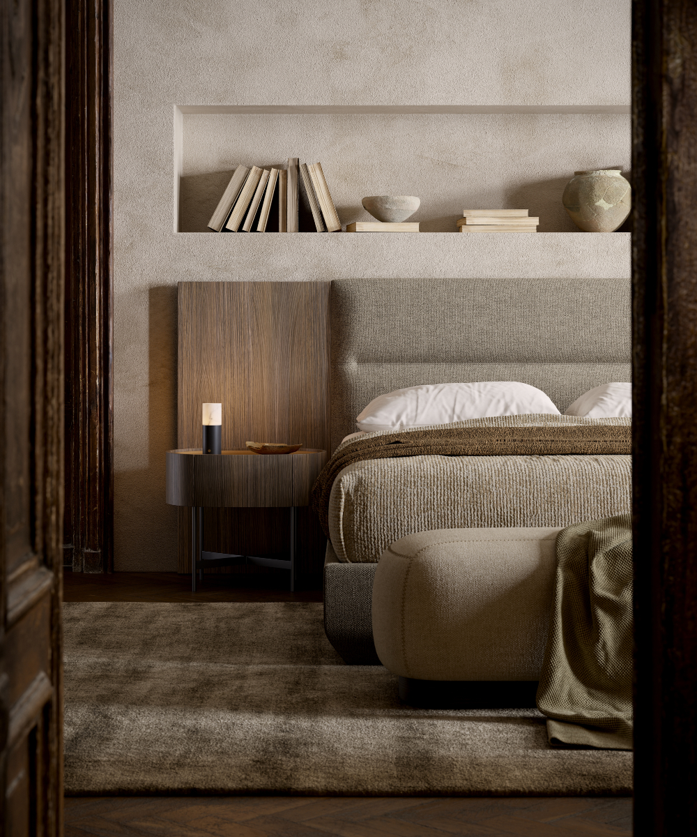 francis bed and adeline bedside table A simple feng shuit bedroom showcasing a bed, a bench, and a well-stocked bookshelf.