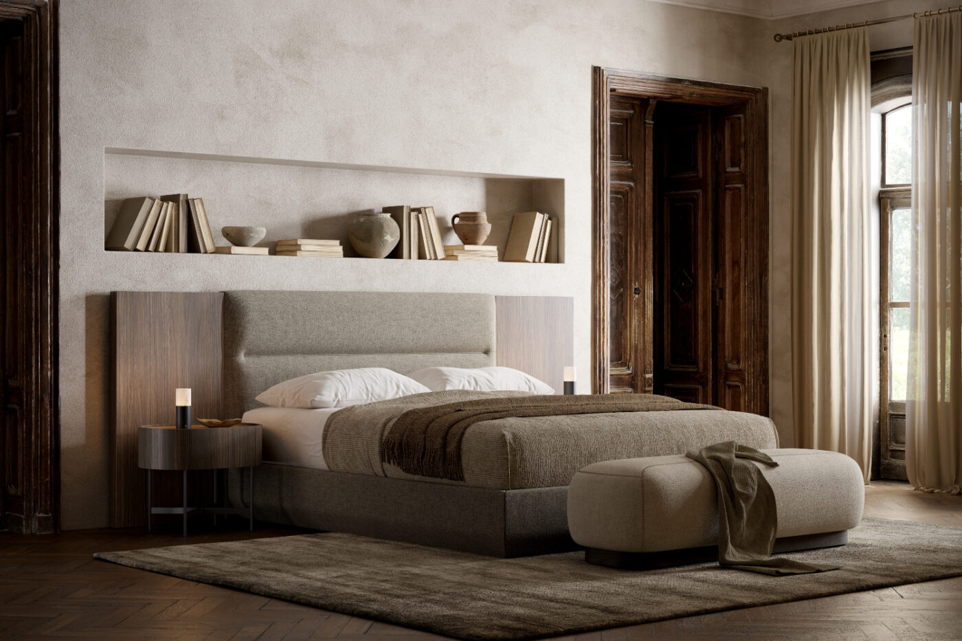 francis modular bed and adeline bedside table and claire A simple feng shui bedroom showcasing a bed, a bench and a well-stocked bookshelf.