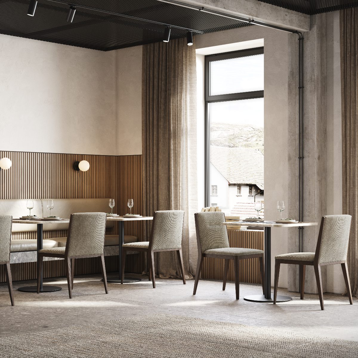 frank dining chair in a restaurant set Modern restaurant with neutral tones; features round tables, upholstered dining chairs, fluted wooden paneling, large window, and soft ambient lighting.