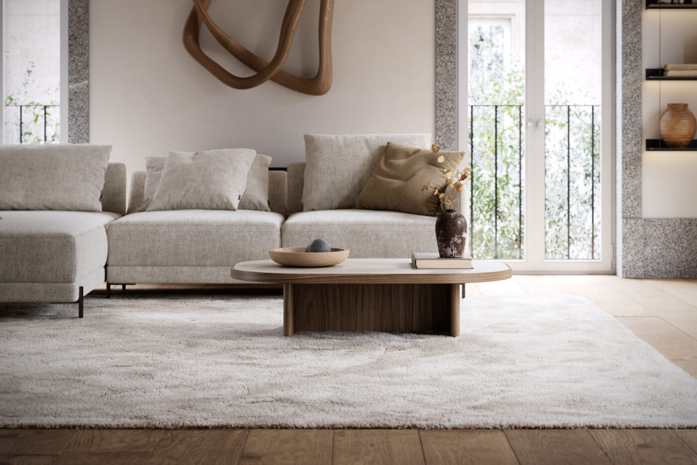 A bright living room showcasing a white sofa and a wooden gilbert coffee table, designed for relaxation and socialising.