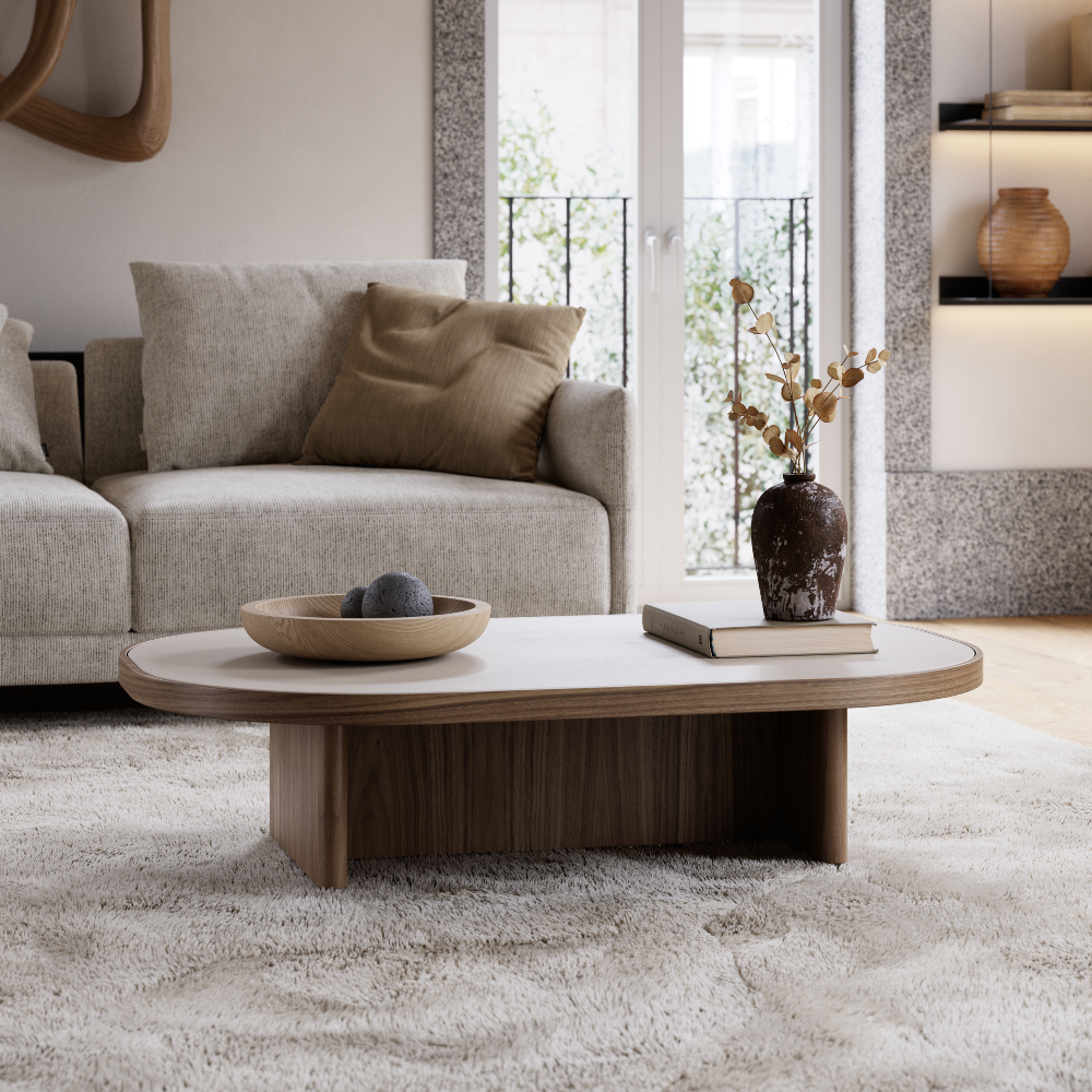 A clean white rug spread across the floor with a coffee table, contributing to the room's inviting atmosphere.