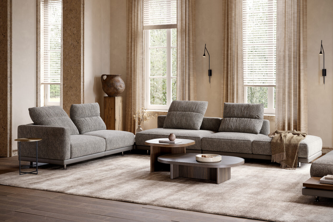 A modern living room showcasing a modular sofa and the Gilbert Table Set, designed for comfort and socialising.
