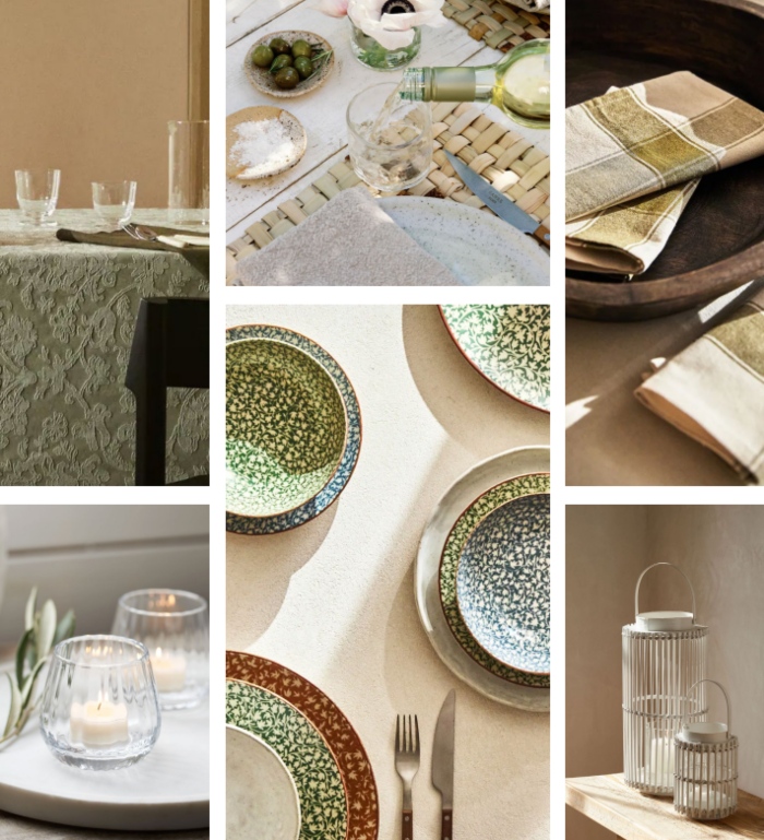 Table setting essentials in green tones - Napkins, plates, candles, glassware and lanterns.