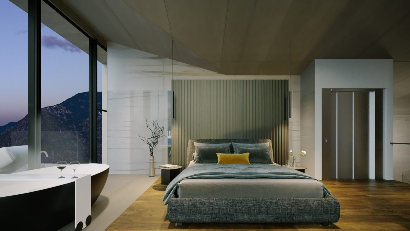 heikko project A serene bedroom showcasing a picturesque view of majestic mountains through a wide window.