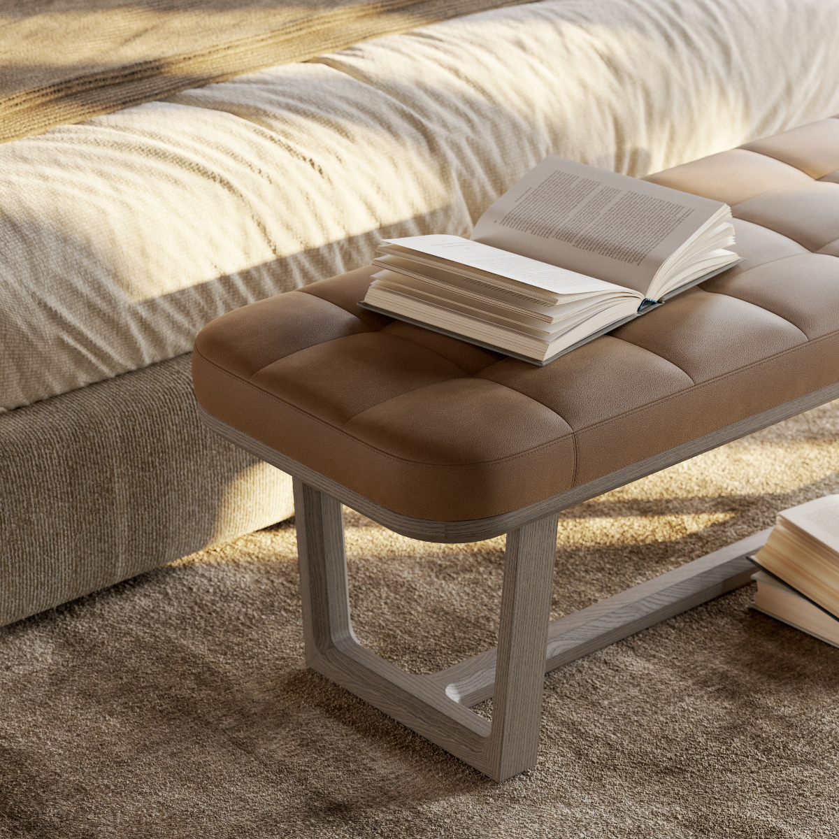 A stylish brown leather bench positioned on a bed, creating a chic and inviting atmosphere in the space.