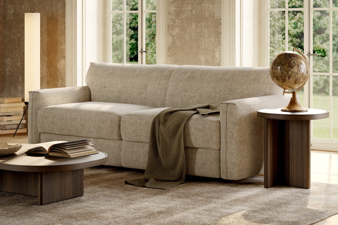 jacques sofa bed and interior design trends for 2026 A cosy living room featuring a sofa bed, coffee table, and a large window letting in natural light.