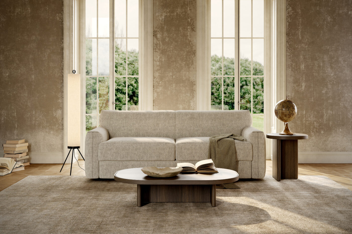 A bright living room showcasing a sofa bed, coffee table and lamp, designed for comfort and casual socialising.
