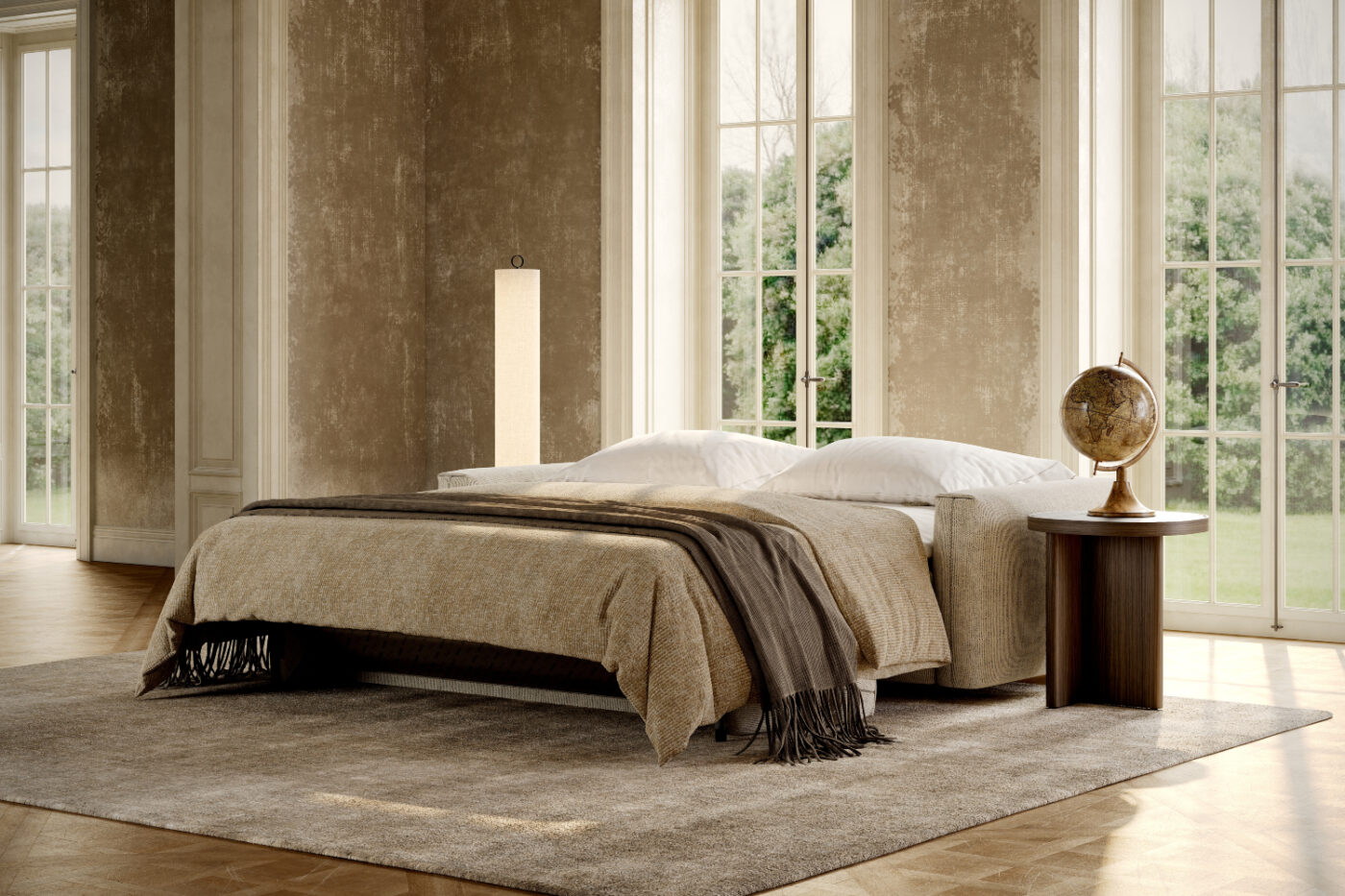 A well-lit room with a bed, a large window, and a soft rug, creating a warm and inviting atmosphere.