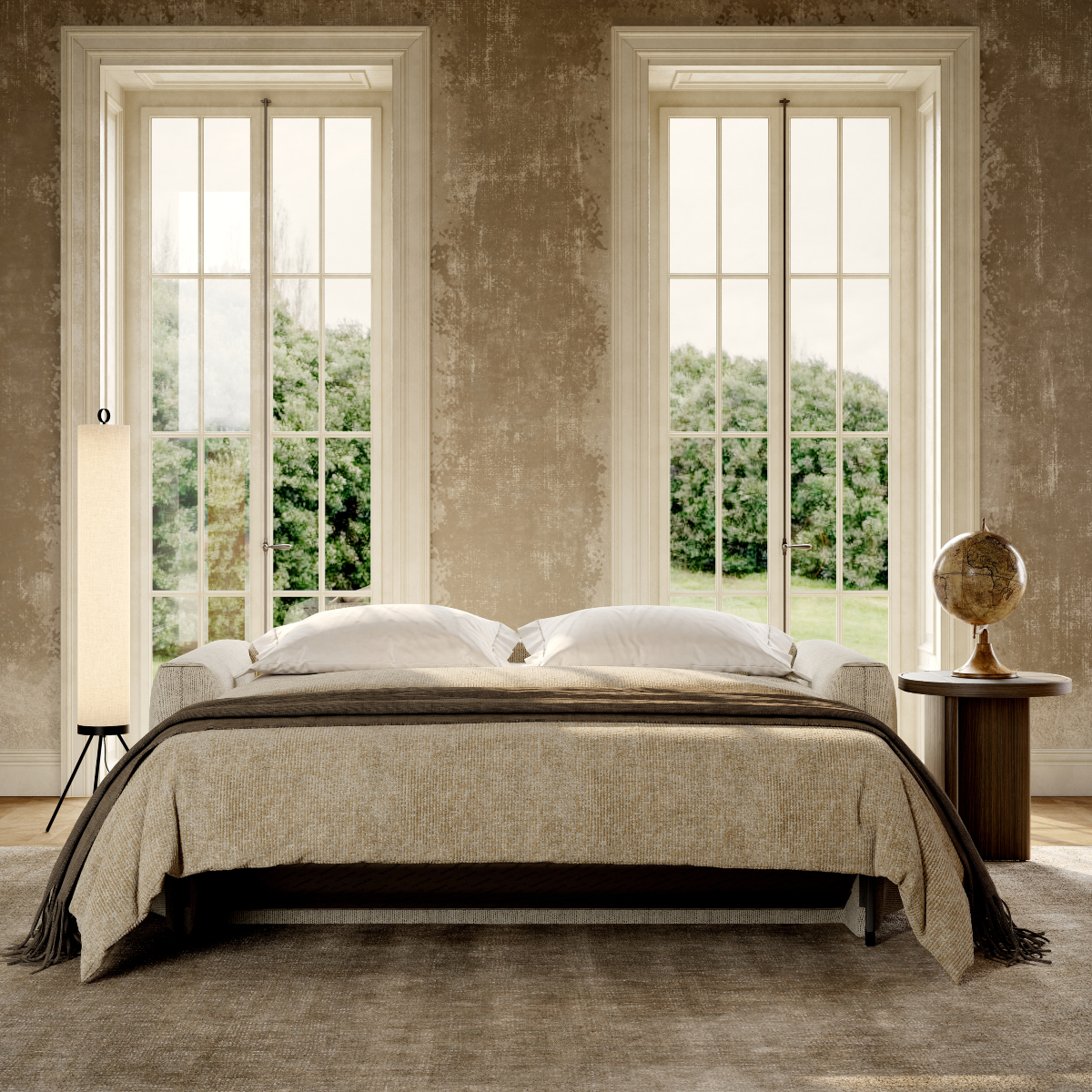 A neatly made sofa bed with a cosy blanket draped over it, inviting and comfortable.