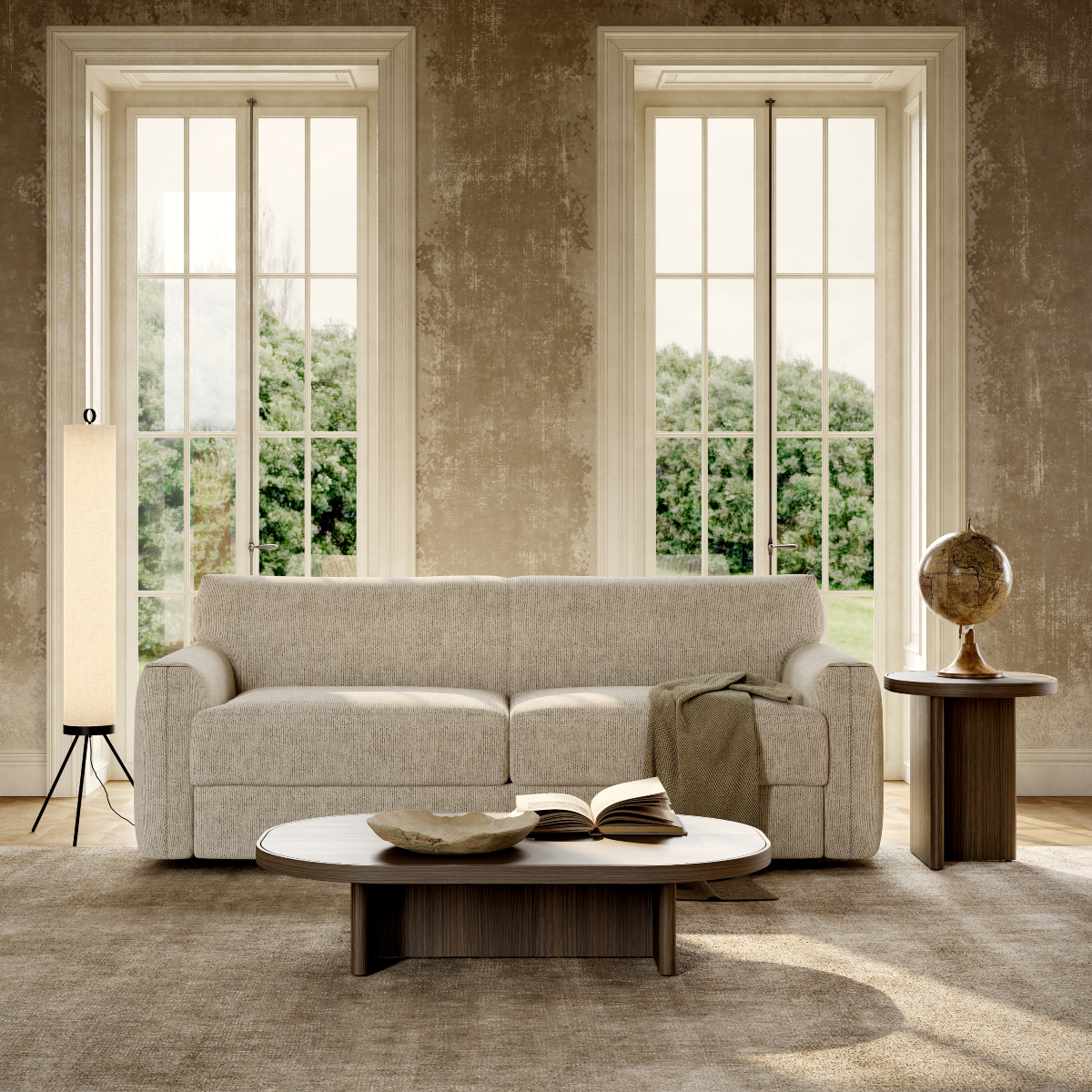 A cosy living room featuring a sofa bed, coffee table, and two large windows letting in natural light. Trendy or timeless
