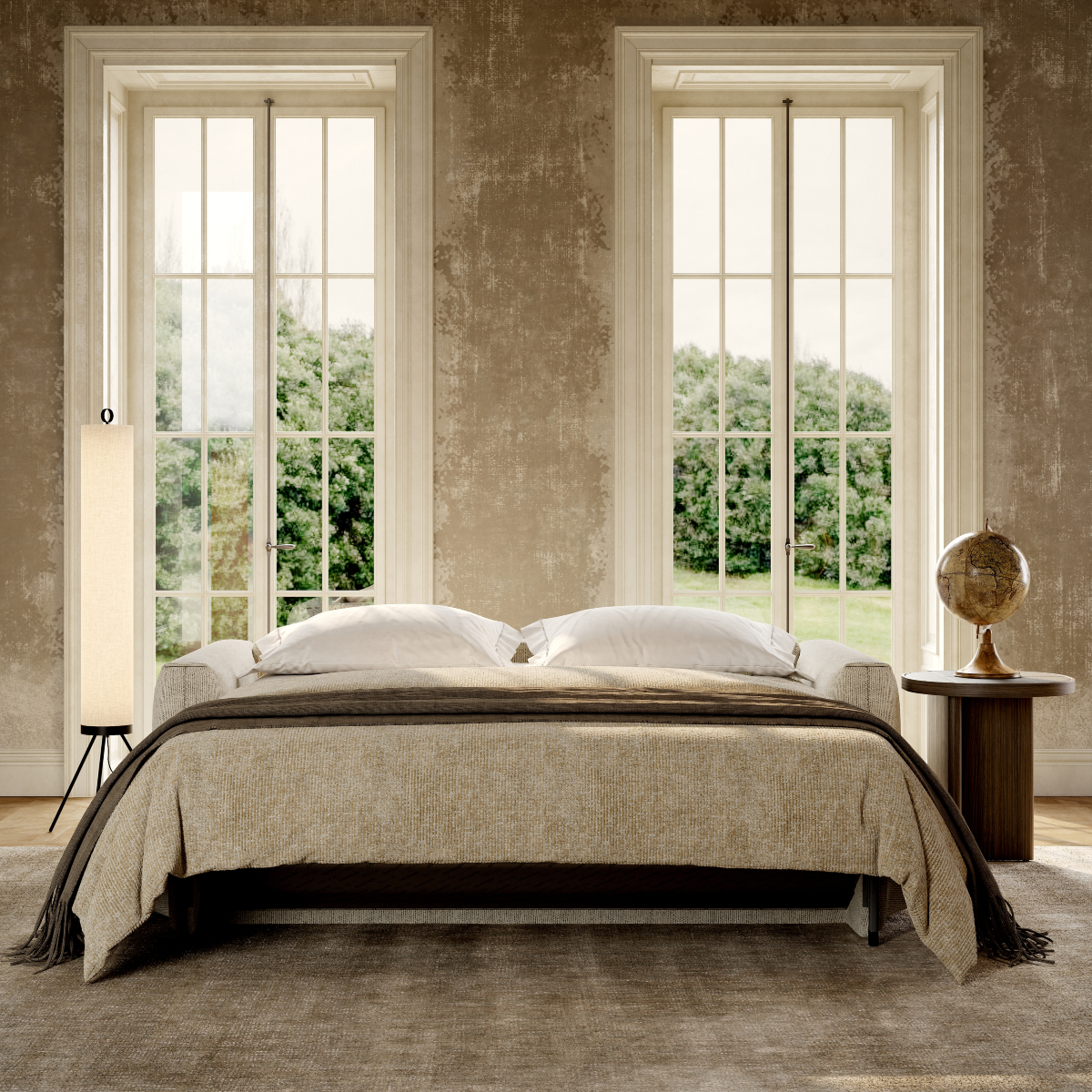 A simple sofa bed featuring a soft blanket, creating a warm and inviting atmosphere. Trendy or timeless