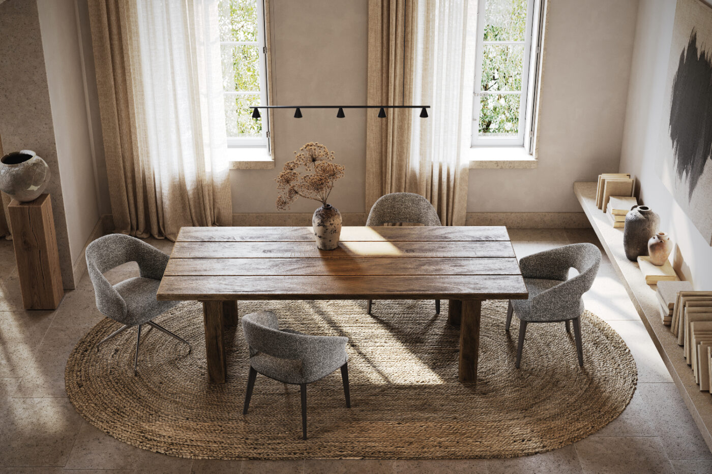 A well-furnished dining room showcasing a table and four chairs, designed for family meals and gatherings.