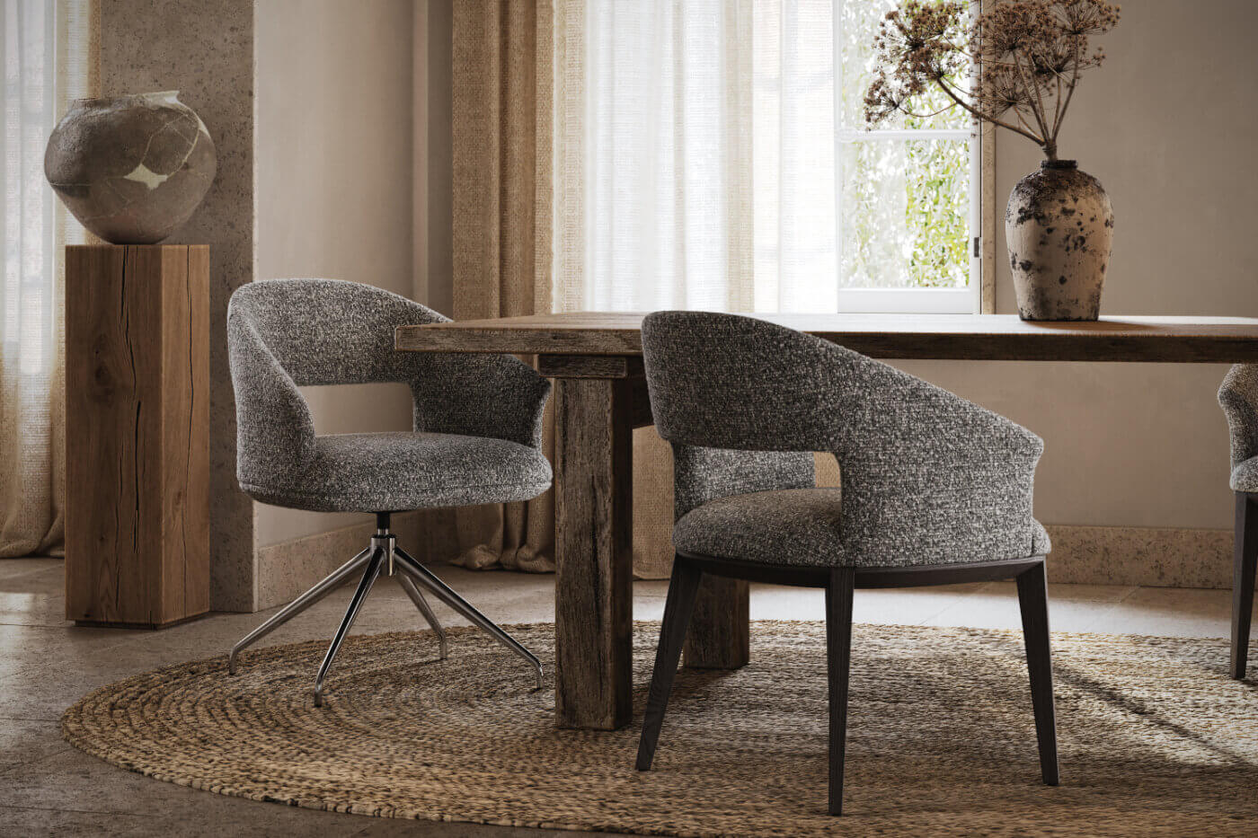 jermain dining and office chair A bright dining room with a rectangular table and two chairs, adorned with a centrepiece and natural light streaming in.