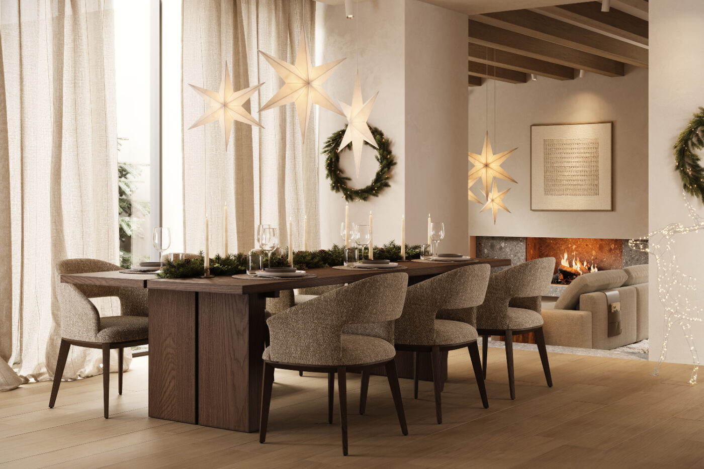 jermain dining chair and living room with matching accessories A dining room adorned with a star-shaped decoration, adding a unique touch to the overall decor and atmosphere. Christmas themed