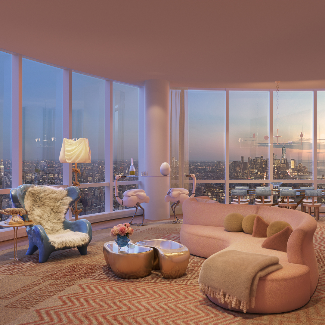 Living room in a penthouse with pink tones. With a pink sofa and a blue armchair. In the centre is a metal coffee table. On the back there is a table with two flamingos and a dining room with blue dining chairs.