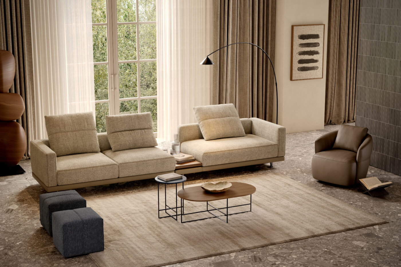 Inviting living room setup with a modular sofa, armchairs and poufs for lounging. Brown interiors.