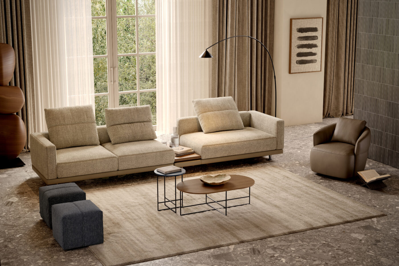 A living room setup with a comfortable modular sofa, a chair, a coffee table, and a lamp, designed for relaxation and socialising. Design around the world - japanese style.