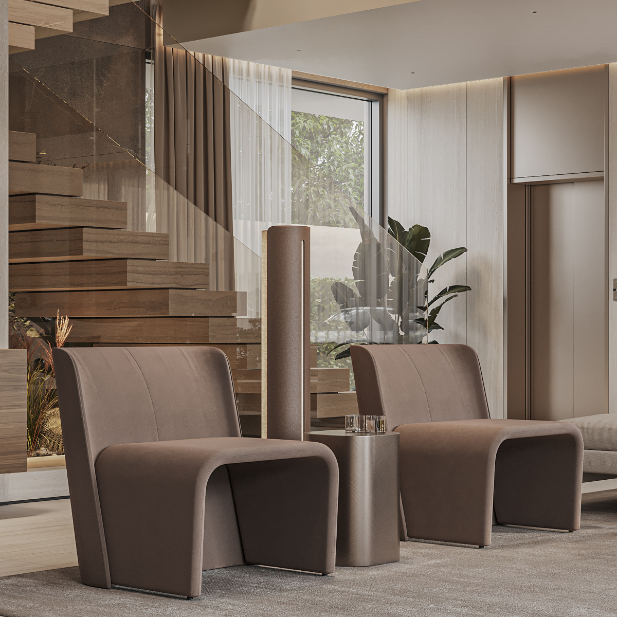 Design Stories: Stylish modern living room showcasing a large wooden wall, complemented by elegant furnishings and ample natural light.