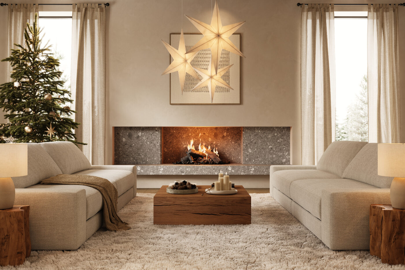 living room christmas by domkapa A stylish living room with a fireplace and a modular sofa, perfect for gatherings and cosy evenings. Christmas themed