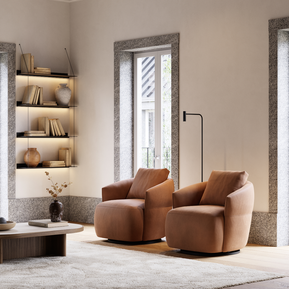 A contemporary living room showcasing two armchairs and a coffee table as the focal point. Café core
