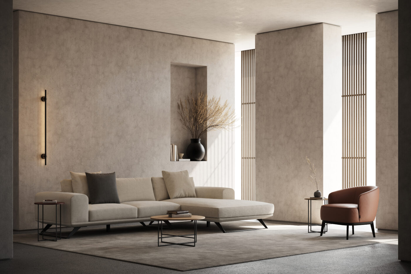A modern living room featuring a stylish sofa and a matching chair, designed for comfort and contemporary aesthetics. Mediterranean design