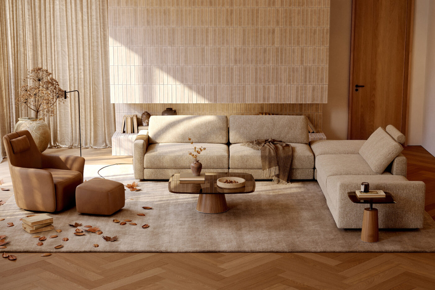 A living room scene showcasing a modular sofa, an armchair, and a table, creating an inviting atmosphere for gatherings. Café core