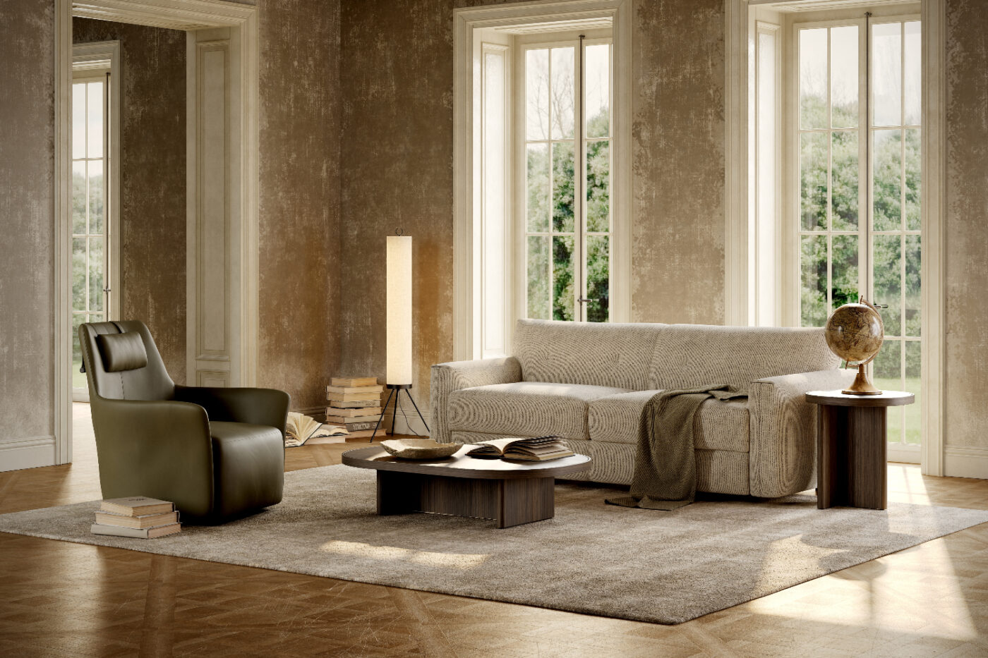 living room with alexander armchair and jacques sofa A cosy living room featuring a sofa, armchair, lamp, and table arranged for comfort and relaxation. Textile Trends 2026